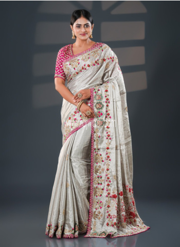 Silver Embroidered Kanjivaram Tissue Saree