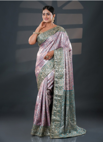 Light Pink And Blue Embroidered Kanjivaram Saree