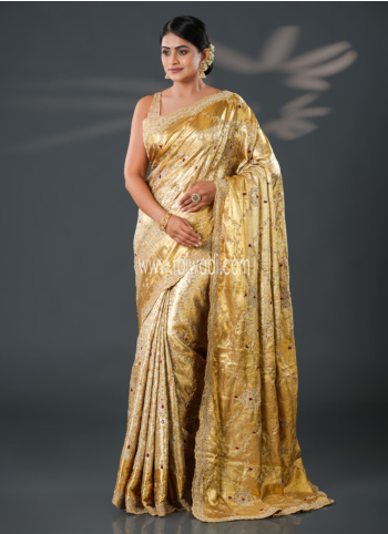 Dark Gold Embroidered Kanjivaram Tissue Saree