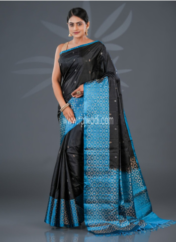 Black And Peacock Blue Woven Soft Silk Saree