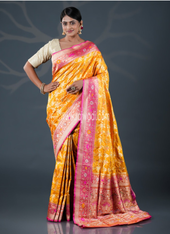 Yellow And Pink Woven Banarasi Saree