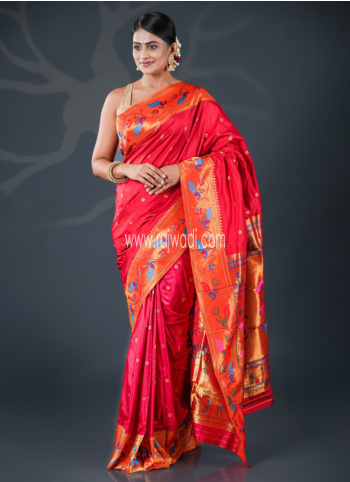 Hot Red And Orange Woven Banarasi Saree