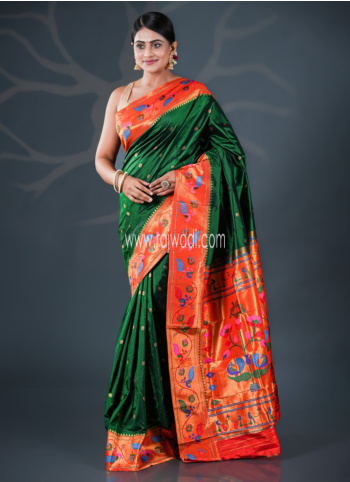 Green And Orange Woven Banarasi Saree