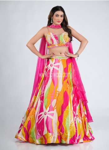 Multicolor Floral Printed Crepe Silk Lehenga Choli