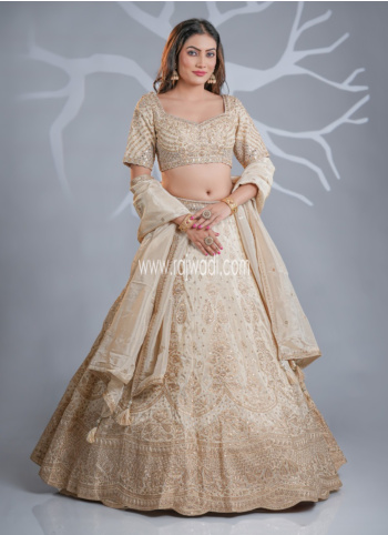 Cream Embroidered Silk Lehenga Choli