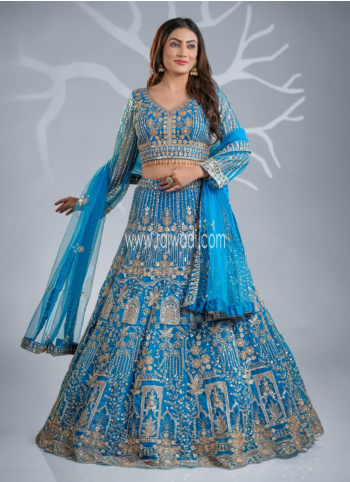 Blue Embroidered Net Lehenga Choli
