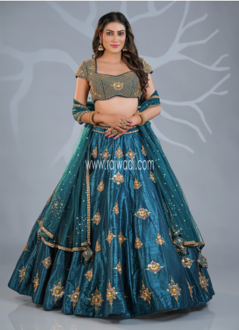 Rama Green Embroidered Raw Silk Lehenga Choli