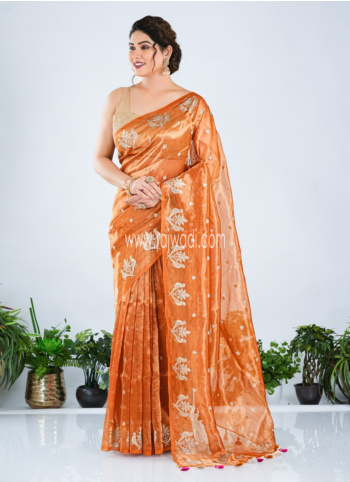 Elegant Rust Embroidered Tissue Saree