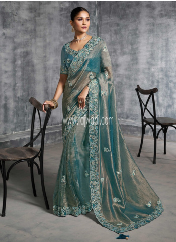 Teal Blue Embroidered Organza Saree