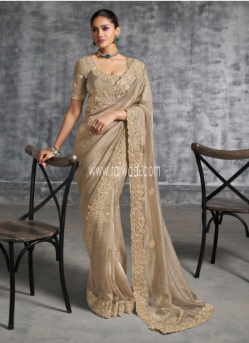 Beige Color Embroidered Organza Saree