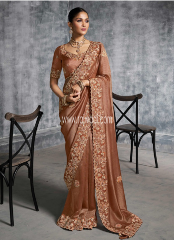 Brown Shimmer Silk Embroidered Saree