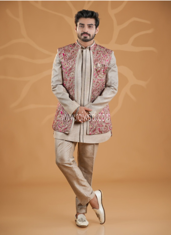 Dark Beige Color Embroidered Indowestern Set In Art Silk 
