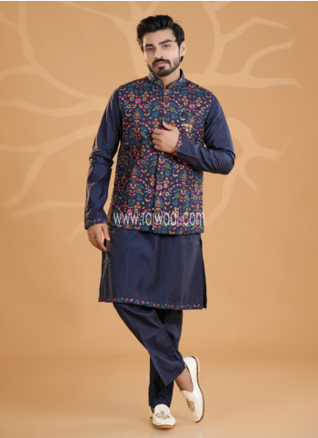Navy Blue Embroidered Cotton Silk Nehru Jacket Set