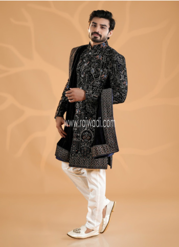 Nav Blue Embroidered Velvet Indowestern Set
