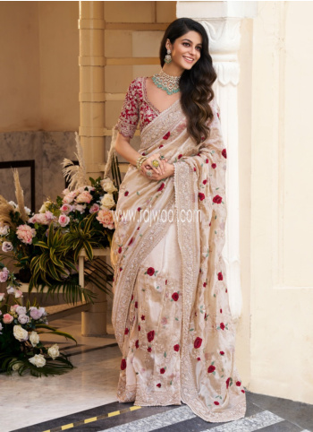 Cream And Golden Embroidered Organza Saree