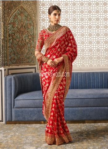 Red Embroidered Banarasi Silk Saree