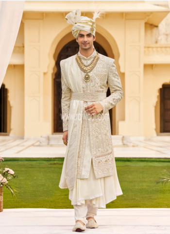 Cream Embroidered Silk Sherwani