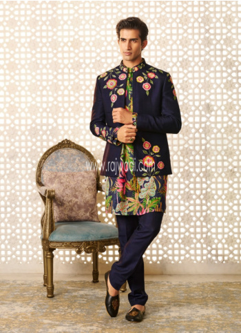 Navy Blue Floral Embroidered Silk Indowestern WIth Jacket 