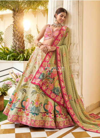 Designer Cream and Pink Embroidered Silk Lehenga Choli  