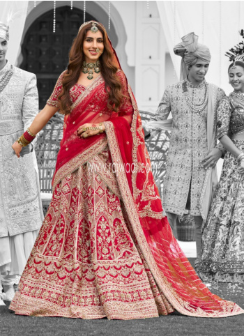 Red Hand Embroidered Silk Lehenga Choli With Double Dupatta