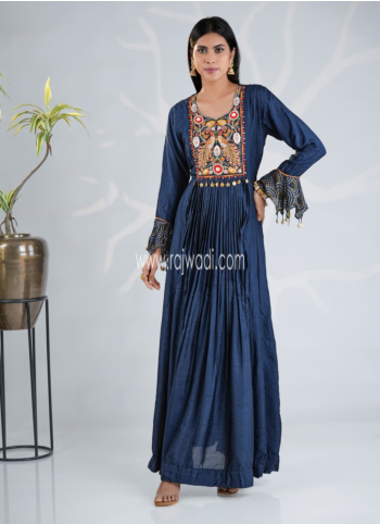 Navy Blue Embroidered Silk Gown