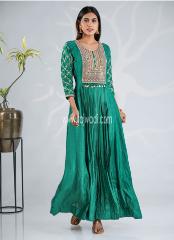 Green Readymade Silk Gown With Dupatta