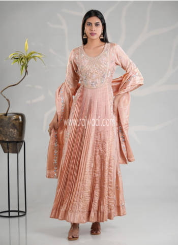 Peach Embroidered Organza Gown With Dupatta