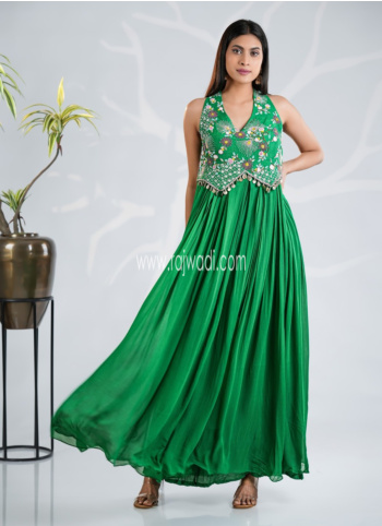 Green Embroidered Gown In Georgette