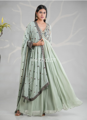 Sea Green Embroidered Gwon With Dupatta 