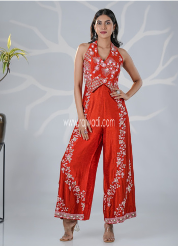 Rust Embroidered Raw Silk Jumpsuit