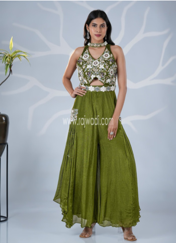 Olive Green Embroidered Raw Silk Jumpsuit