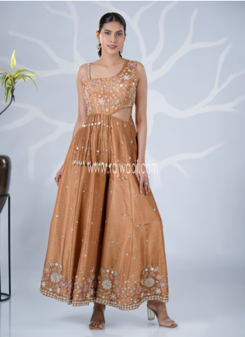 Brown Embroidered Shimmer Fabric Jumpsuit