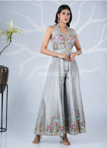 Grey Embroidered Shimmer Fabric Jumpsuit
