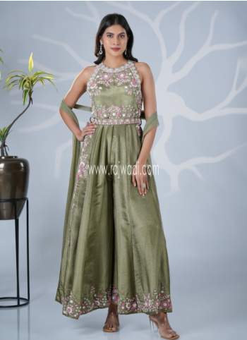 Pista Green Embroidered Shimmer Fabric Jumpsuit