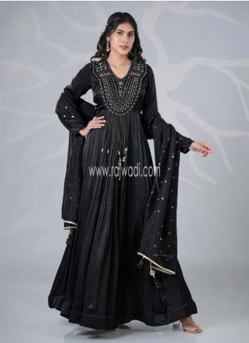 Embroidered Black Crepe Gown With Dupatta
