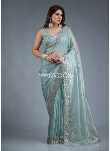 Aqua Embroidered Shimmer Net Saree