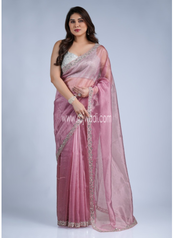 Onion Pink Embroidered Organza Saree