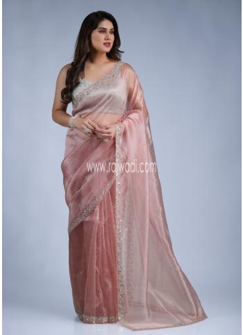 Peach Mirror Embellished Organza Saree