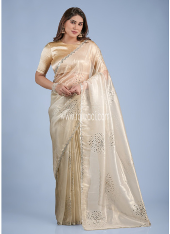 Golden Cream Shimmer Net Saree