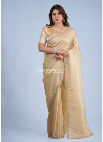 Cream Embroidered Organza Saree
