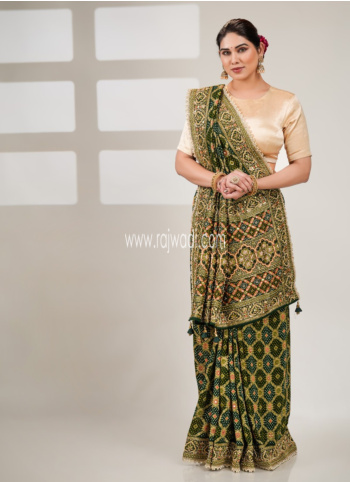 Bottle Green Khadi Bandhani Saree