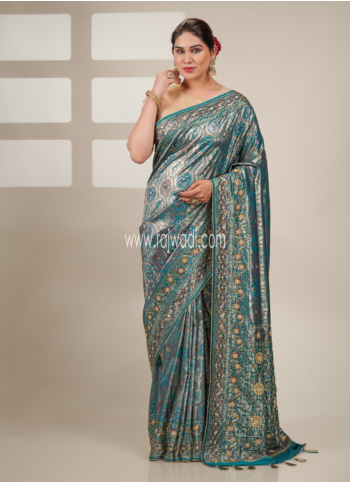 Rama Blue Embroidered Kanjivaram Saree