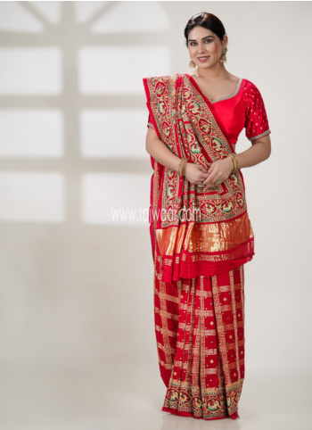 Auspicious Red Embroidered Gajji Silk Gharchola Saree