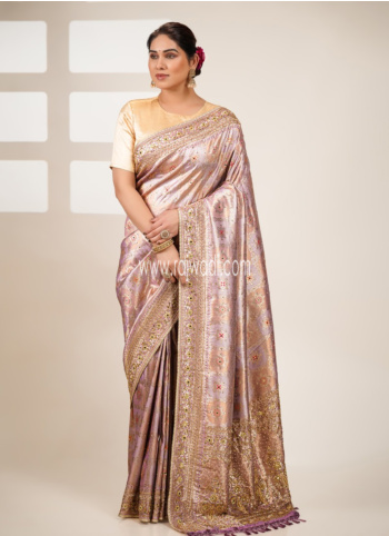 Onion Pink Embroidered Kanjivaram Saree