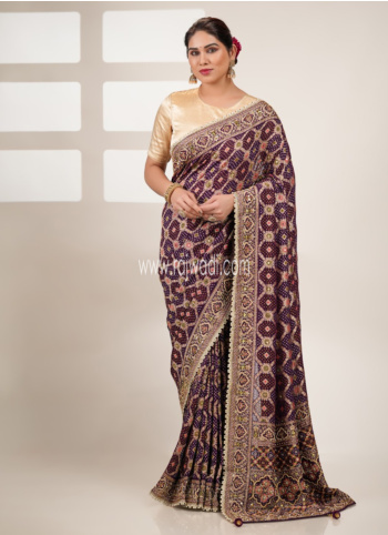 Purple Embroidered Khadi Bandhani Saree