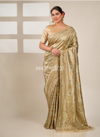 Off White And Gold Embroidered Kanjivaram Saree