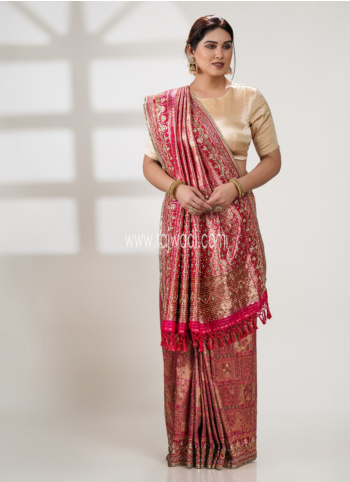 Rani And Rust Gold Embroidered Kanjivaram Saree