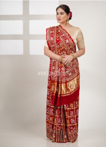 Maroon Embroidered Gajji Silk Gharchola Saree