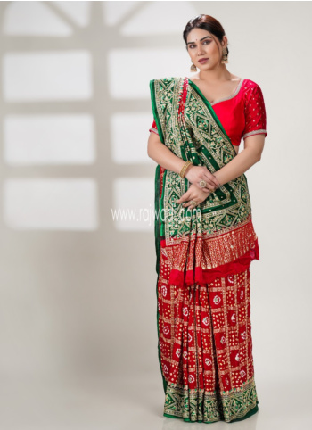 Green And Red Embroidered Gajji Silk Gharchola Saree