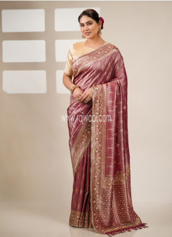 Wine Embroidered Kanjivaram Saree